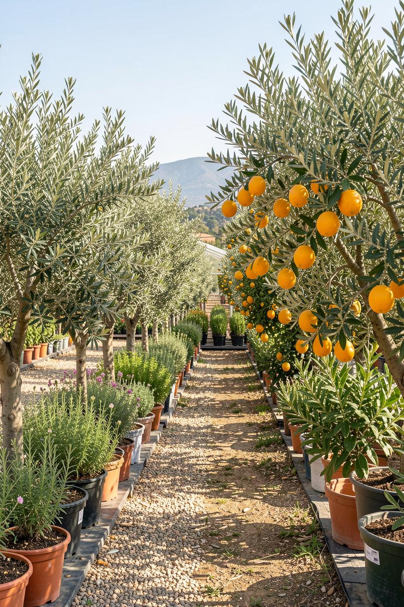 Rows of young olive trees and palms in warm Mediterranean light at Viveros La Jara
