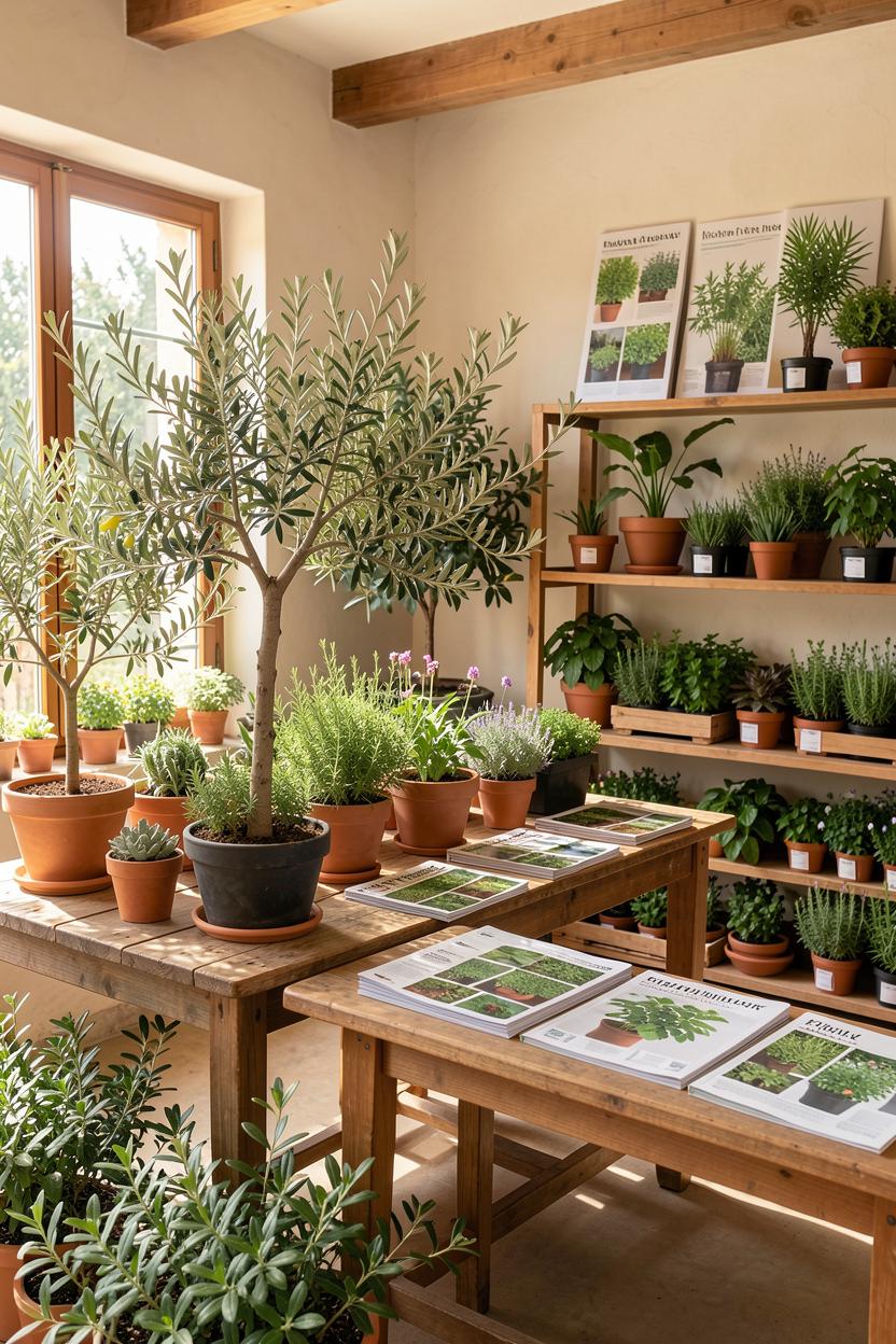 Contact desk at Viveros La Jara with Mediterranean plant catalogues and young olive trees