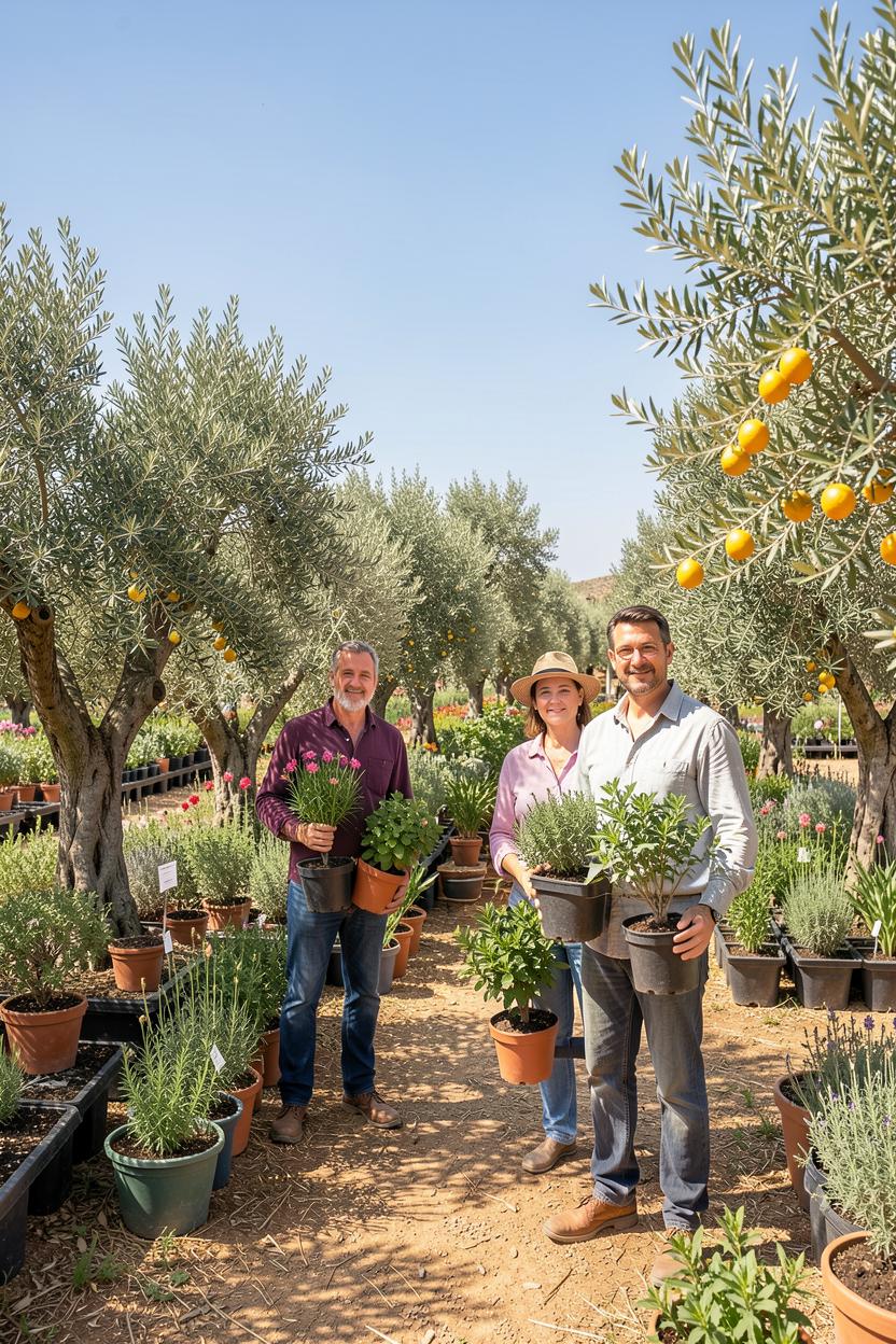 The Viveros La Jara nursery team among olive trees and palms in Mediterranean sunlight