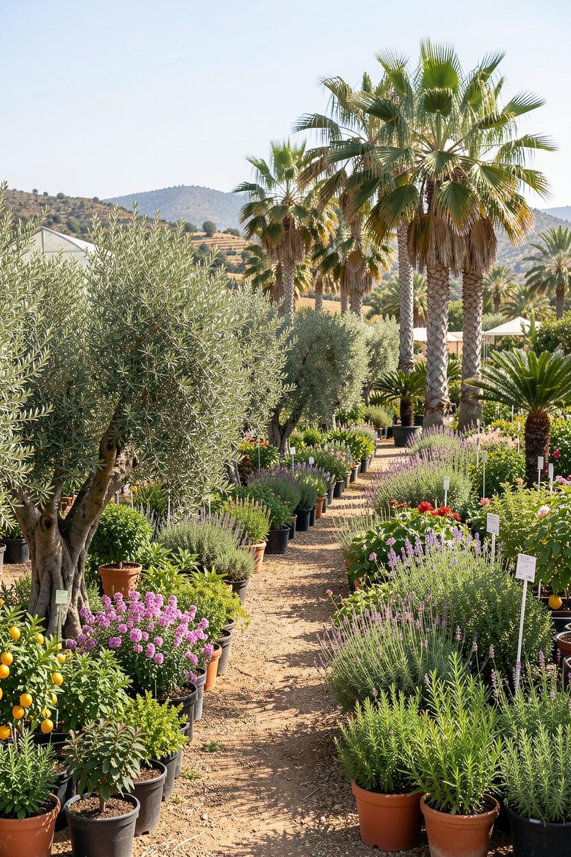 Rows of young olive trees, citrus plants and palms growing in the fields of Viveros La Jara under the Mediterranean sun.
