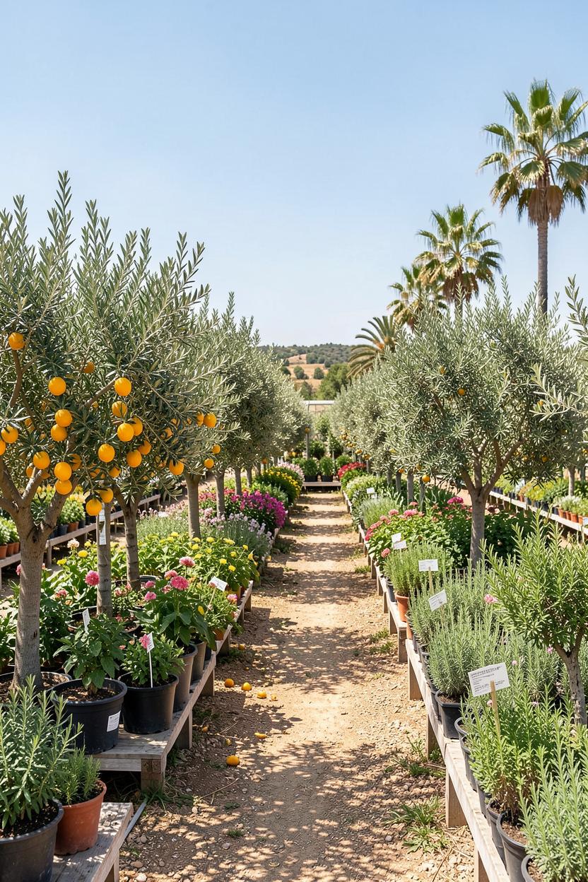 Mediterranean olive, citrus, and palm plants at Viveros La Jara