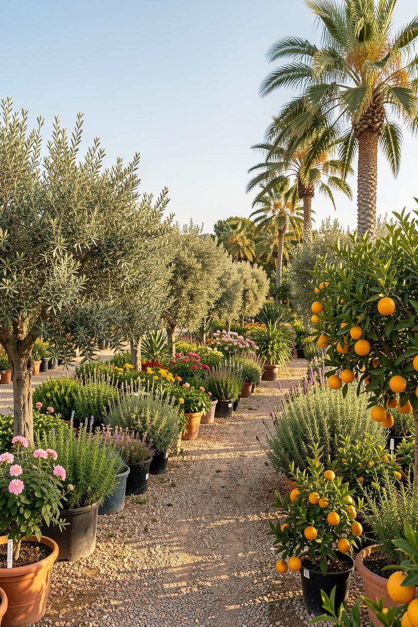 Lush rows of olive trees, palms and citrus plants growing under the Spanish sun at Viveros La Jara