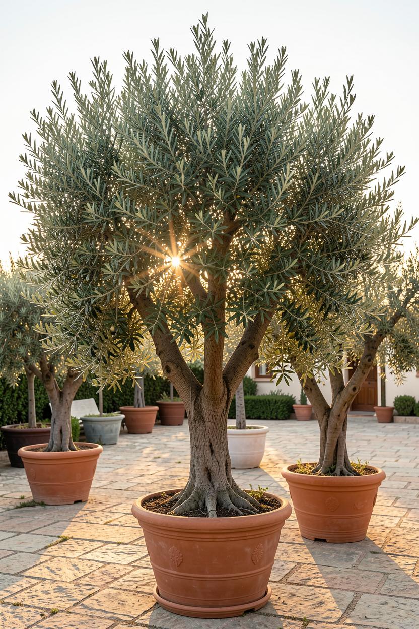 Olea europaea (Olive Tree) plants growing in rows at Viveros La Jara