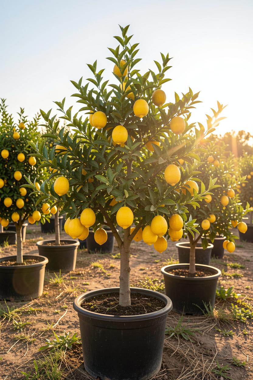Citrus limon (Lemon Tree) plants growing in rows at Viveros La Jara