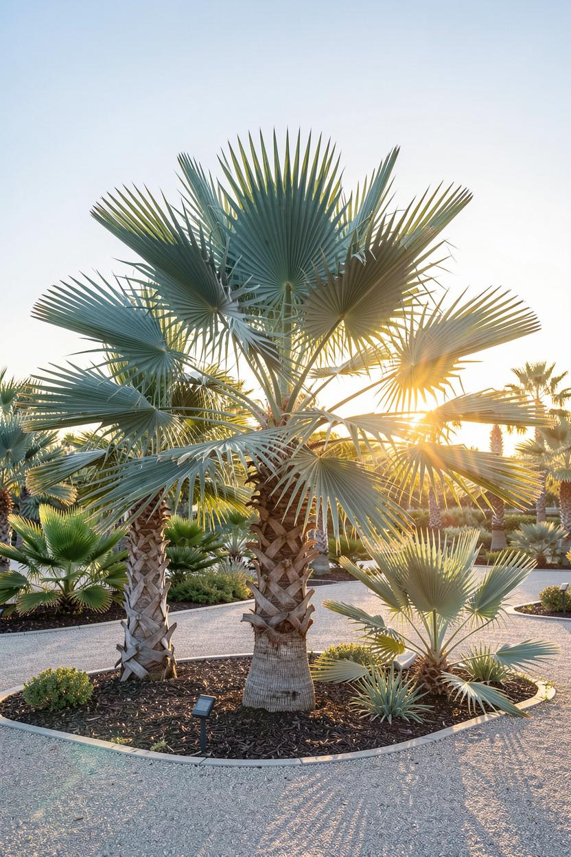 Chamaerops humilis (Mediterranean Fan Palm) plants growing in rows at Viveros La Jara