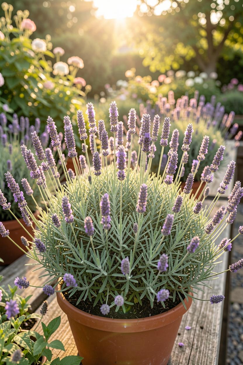 Lavandula angustifolia (English Lavender) plants growing in rows at Viveros La Jara