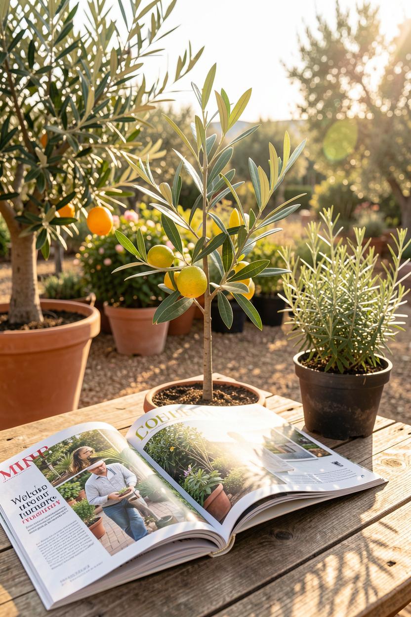 Gardening notebook, tools and young olive and citrus plants at Viveros La Jara in Mediterranean sunlight